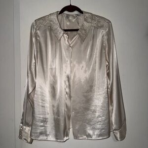 Lord and Taylor Embroidered Satin Button-Up Blouse in Ivory
